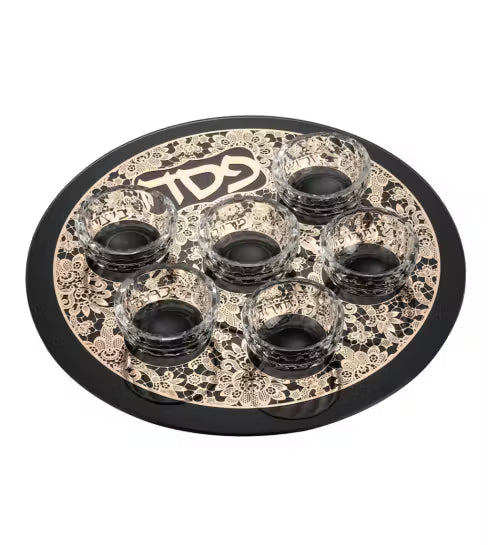 Floral Design Crystal 6 Bowl Seder Plate - Gold 13"