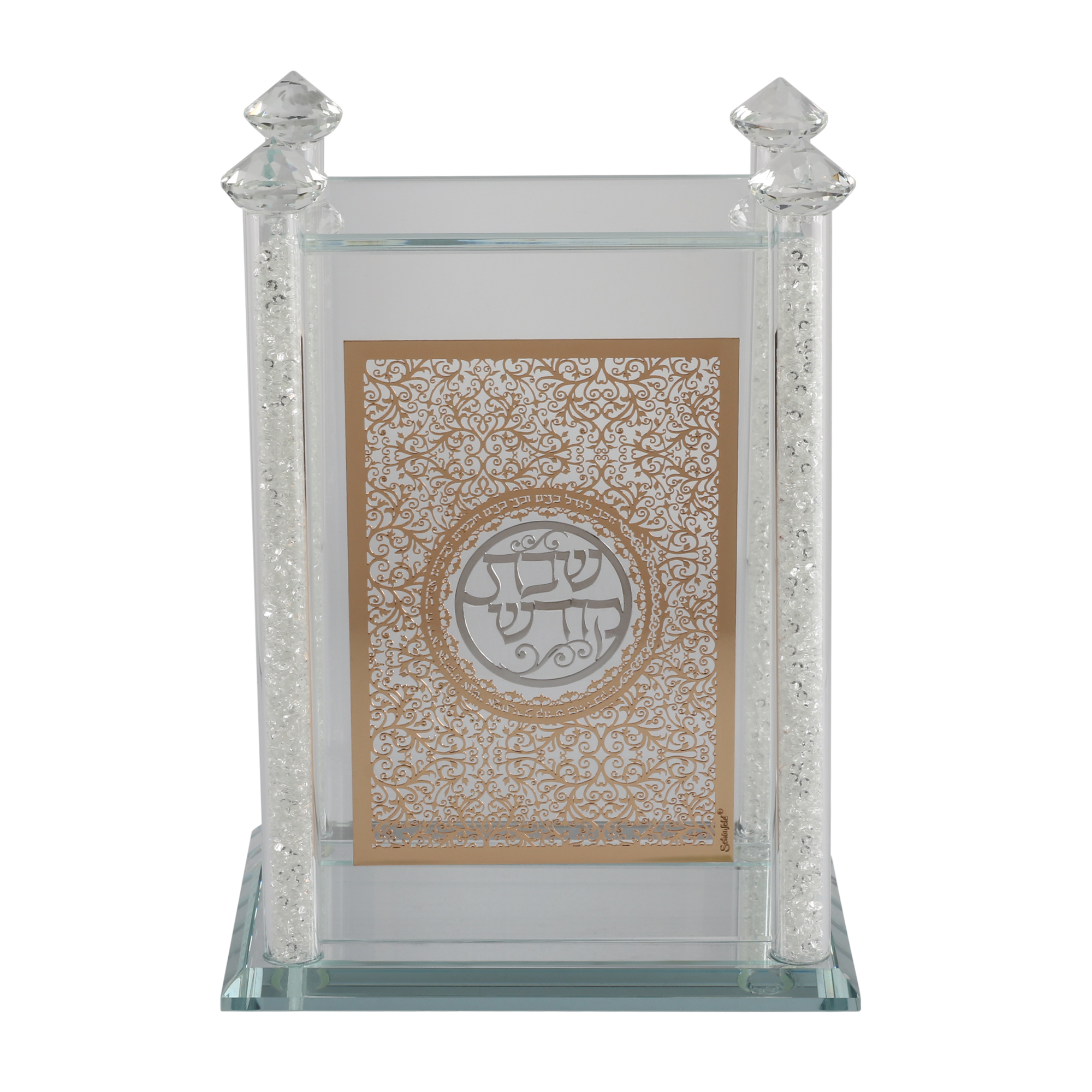 Crystal Bencher & Zemiros holder Gold Plate With Silver Shabbat Kodesh