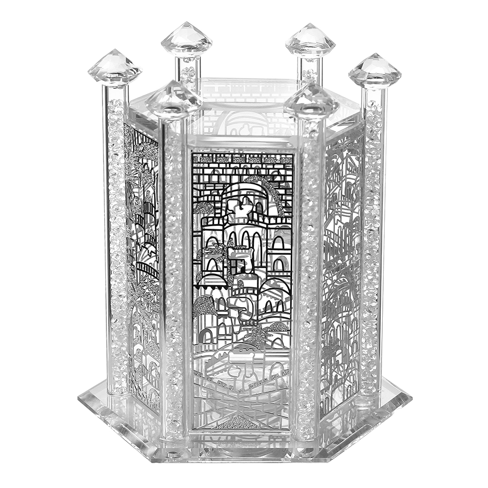 Crystal Tzedakah Box Octagon Jerusalem Silver Design 5.5"Hx4