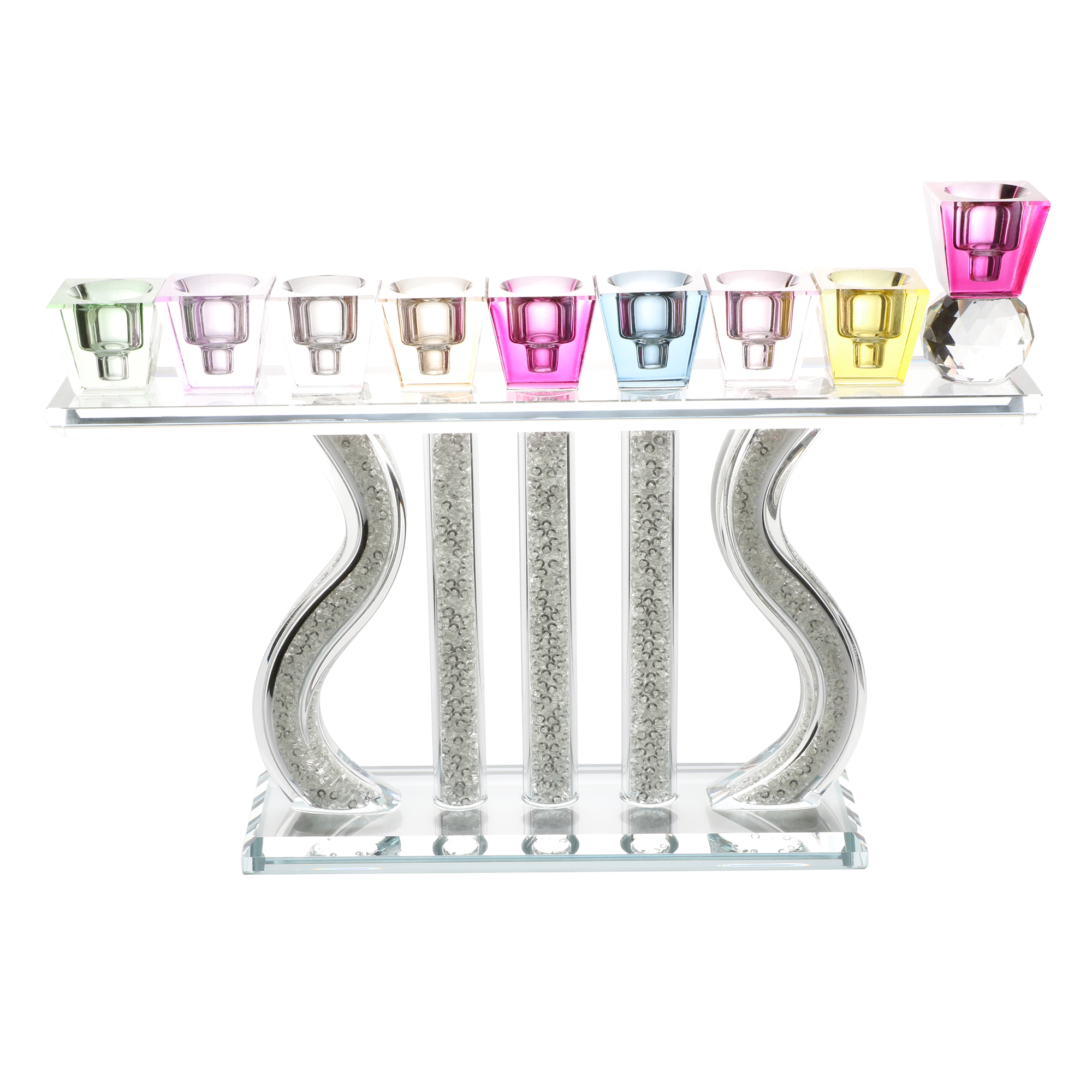 Crystal Menorah with Colored Tops & Stones 7"Hx10.5"W