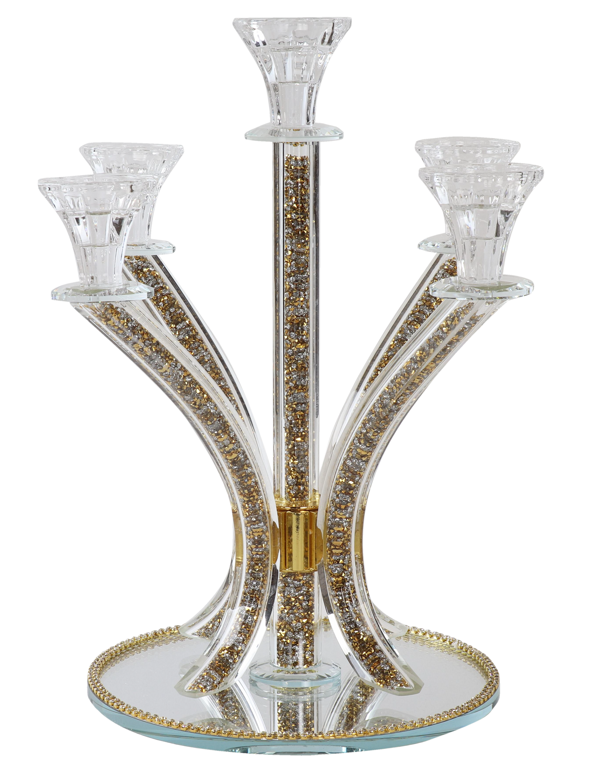 Crystal Candelabra 5 Branch Gold-Silver Stones 14"
