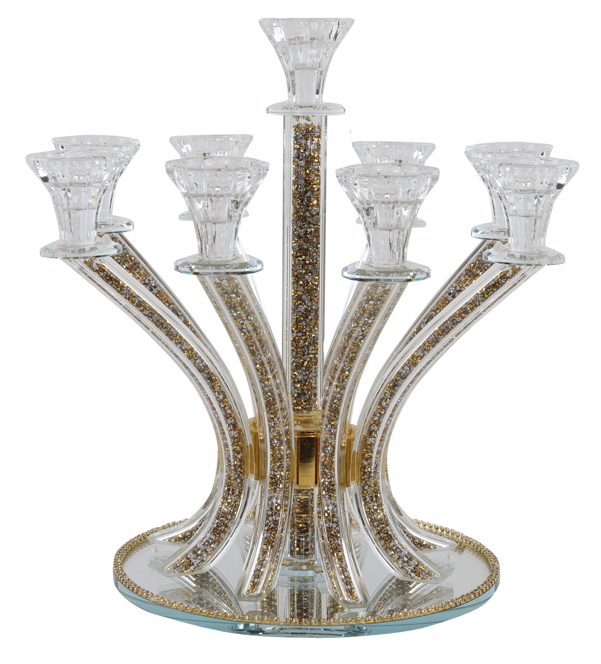 Crystal Candelabra 9 Branch Gold-Silver Stones 14"