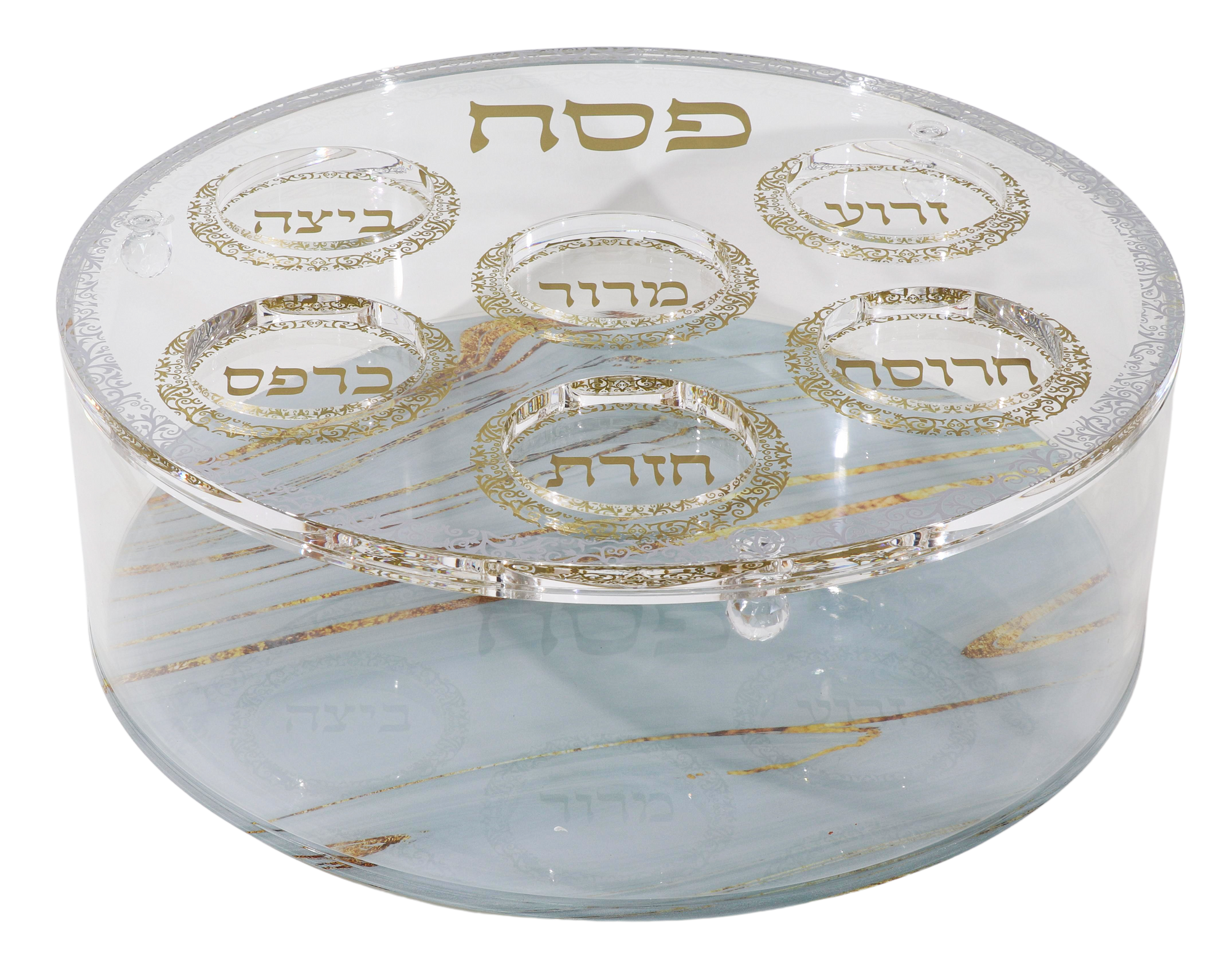 Acrylic Round Matza Box With Seder Plate Cover - Grey & Gold Marble Design