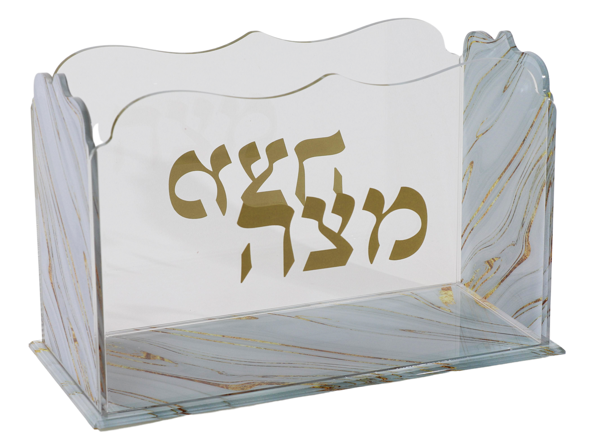 Open Stand Sqaure Matza Box - Acrylic - Grey & Gold Marble Design 8x4x5"