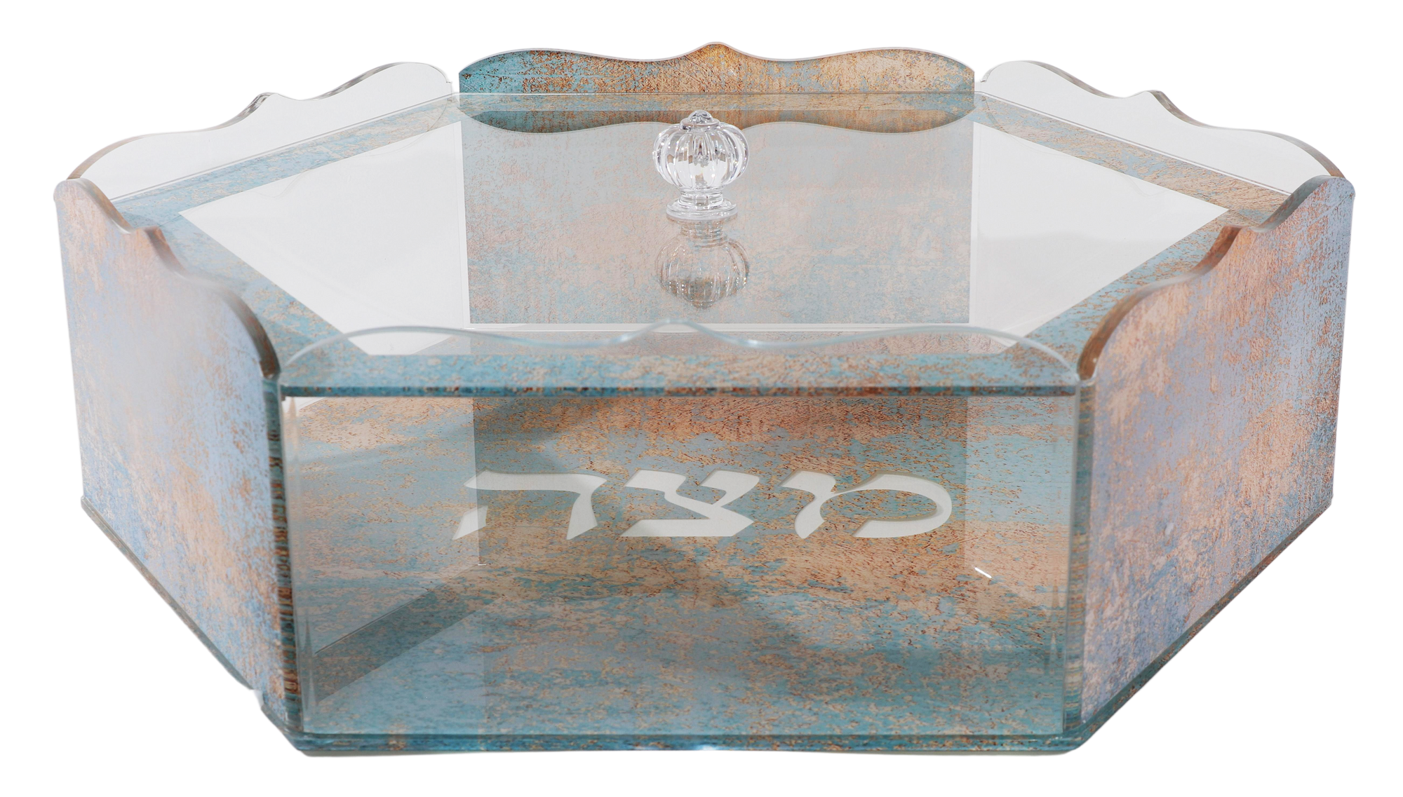 Hexagon Matza Box - Acrylic - Blue & Orange Marble Design 15x13x5"