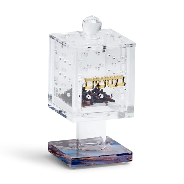 Acrylic Besomim Holder Blue Base With Gold Embossed Lettering