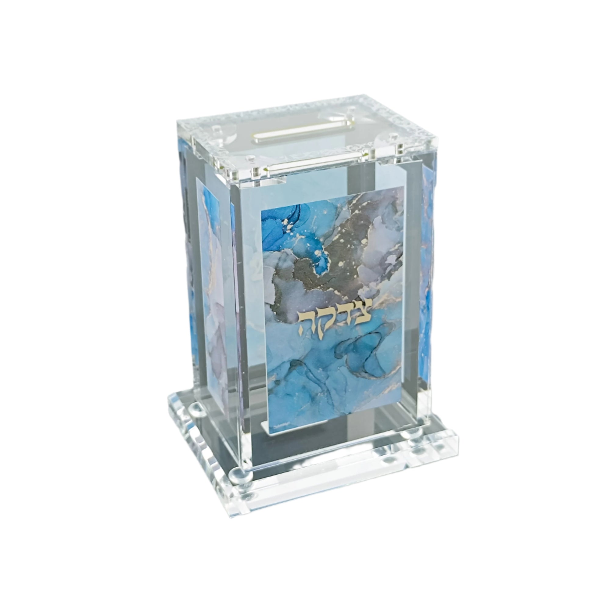 Acrylic Tzedakah Box with Blue & Gold Marble Design 4"x2.75"x2"
