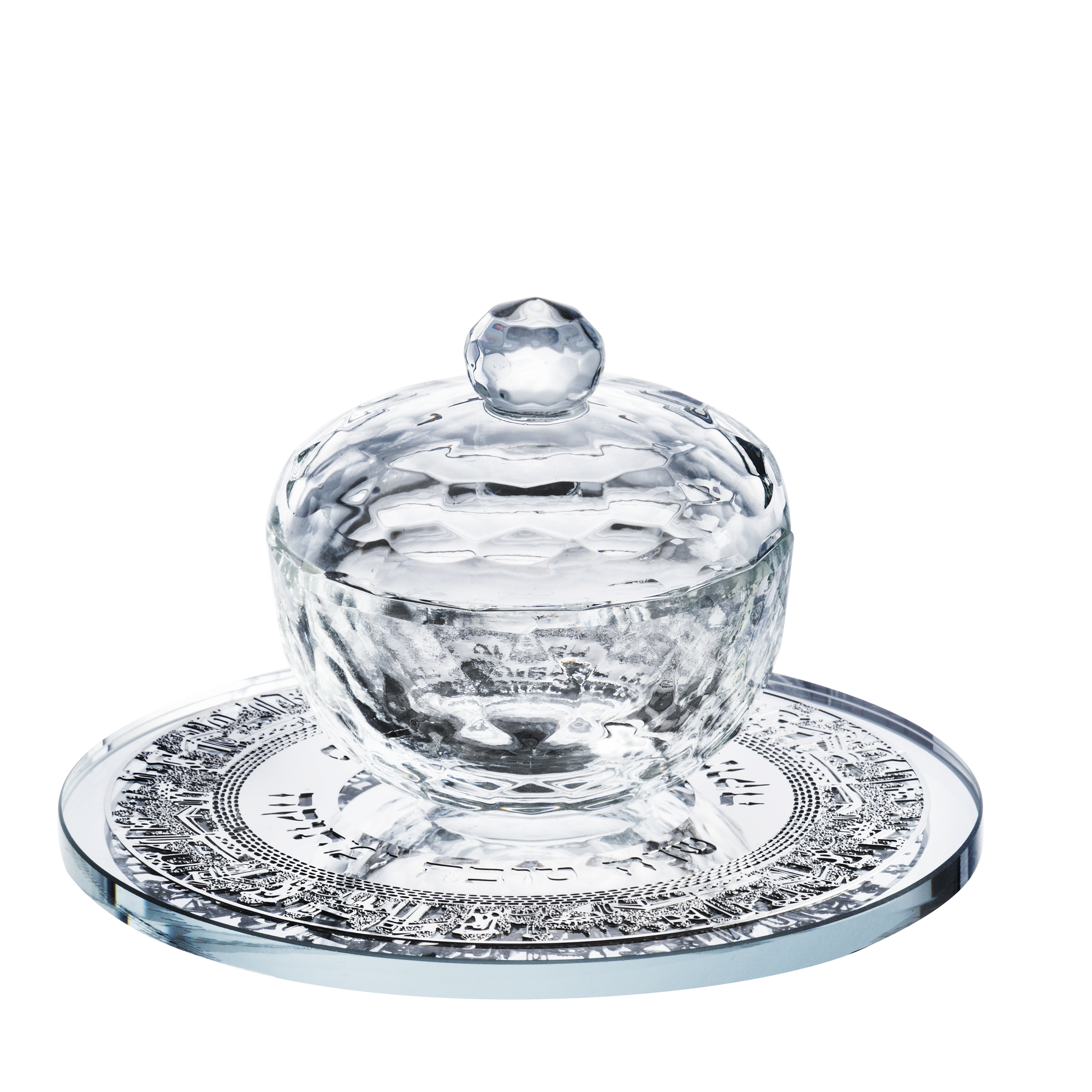 Crystal Honey Dish With Jerusalem Silver  3 Pc  5x3"