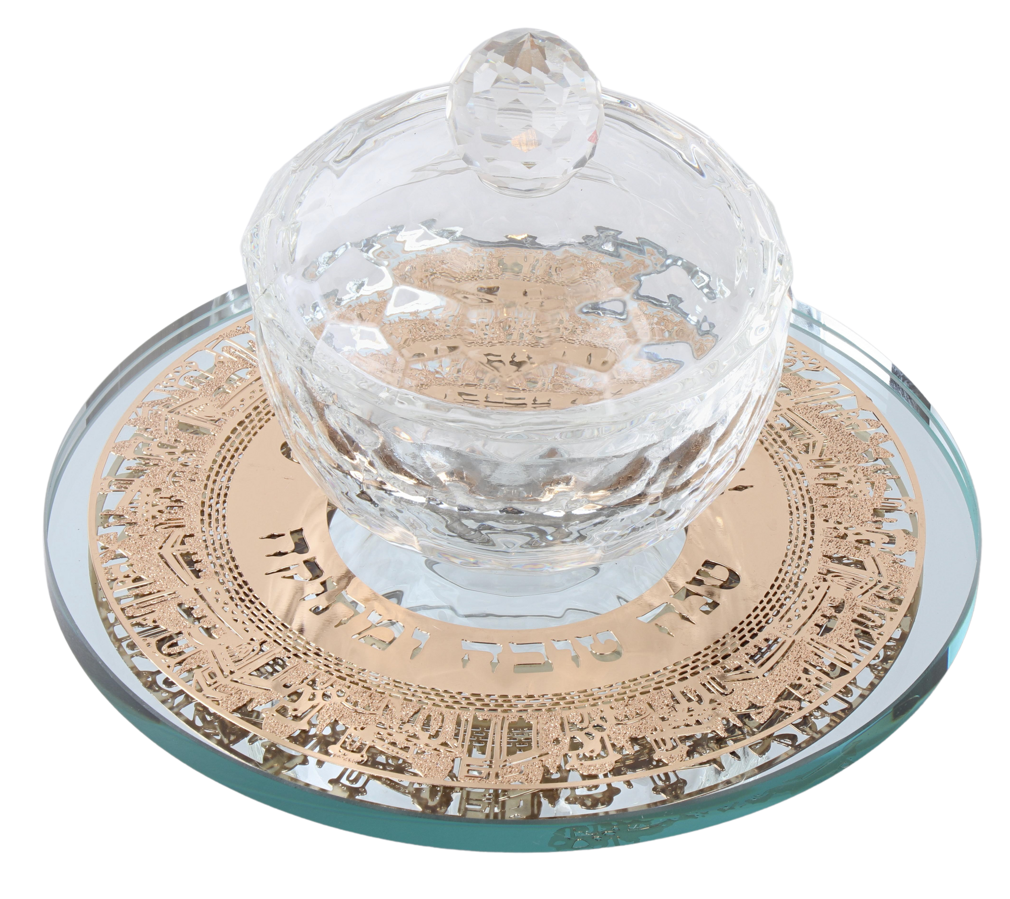 Crystal Honey Dish with Mirror Tray and Gold "Shana Tova" Jerusalem Plate