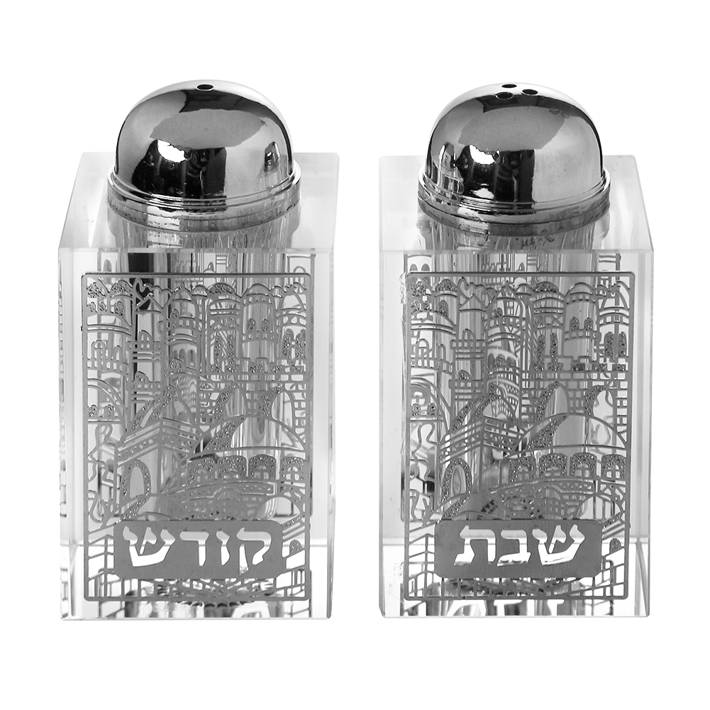 Crystal Salt And Pepper Shaker Set Broken Glass & Jerusalem Silver Design 3"H