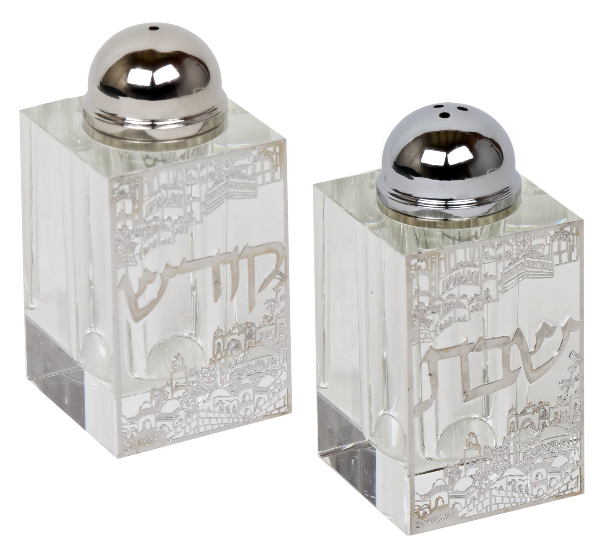 Crystal Salt And Pepper Shaker Set With Silver Plaque