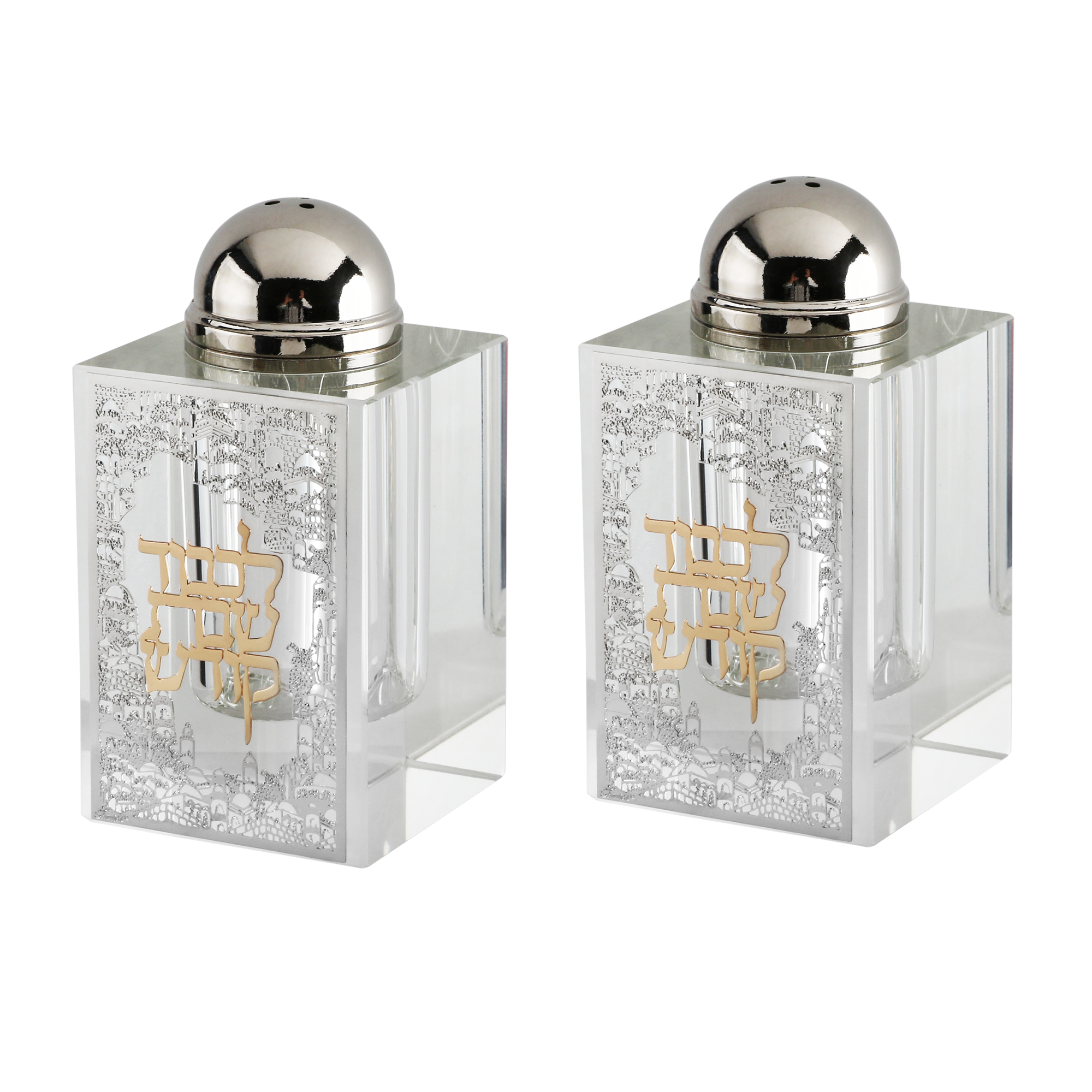 Crystal Salt & Pepper Set Silver Jerusalem with Gold Shabbat Kodesh 3"HX1.5"