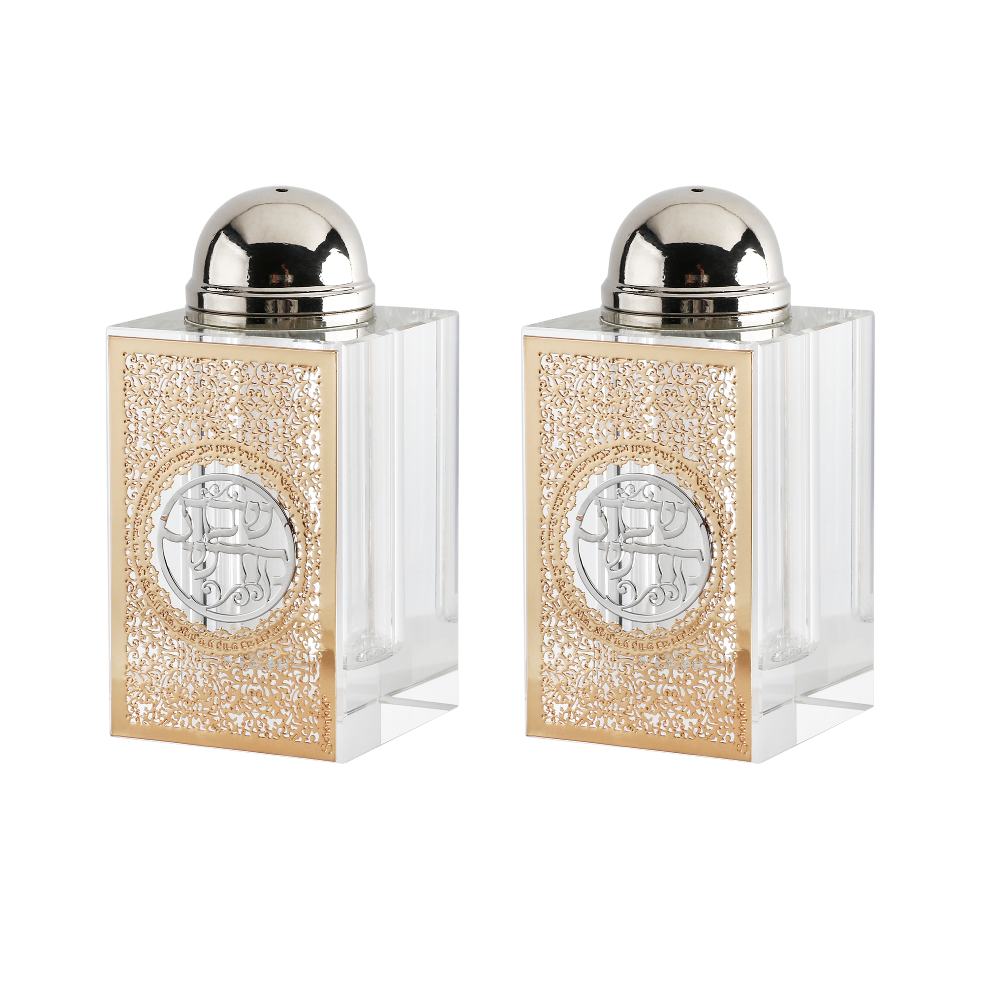 Crystal Salt & Pepper with Gold and Silver Shabbos Plate