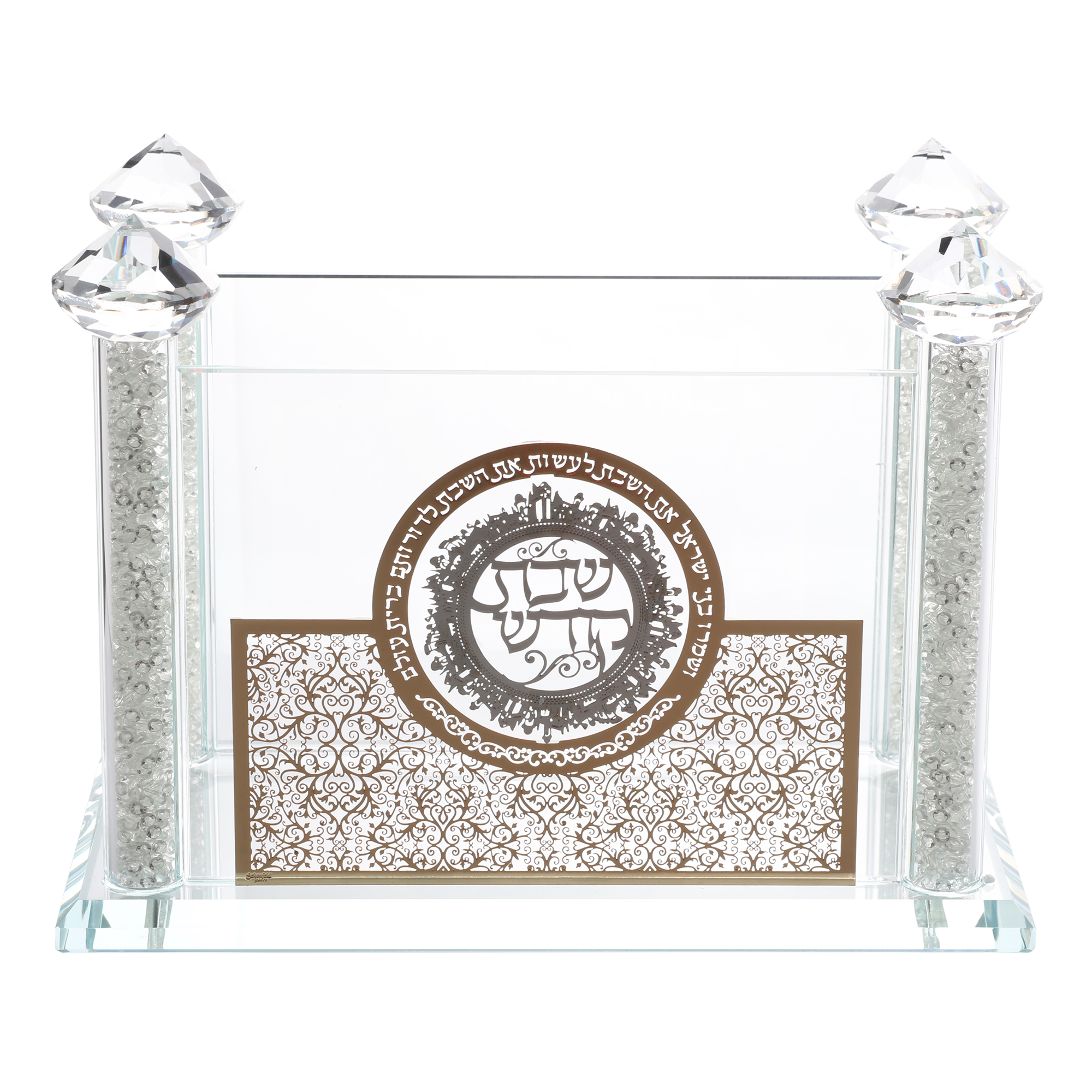 Crystal Bencher & Zemiros holder With Gold Floral And Silver Shabbat Kodesh 5"Hx7"