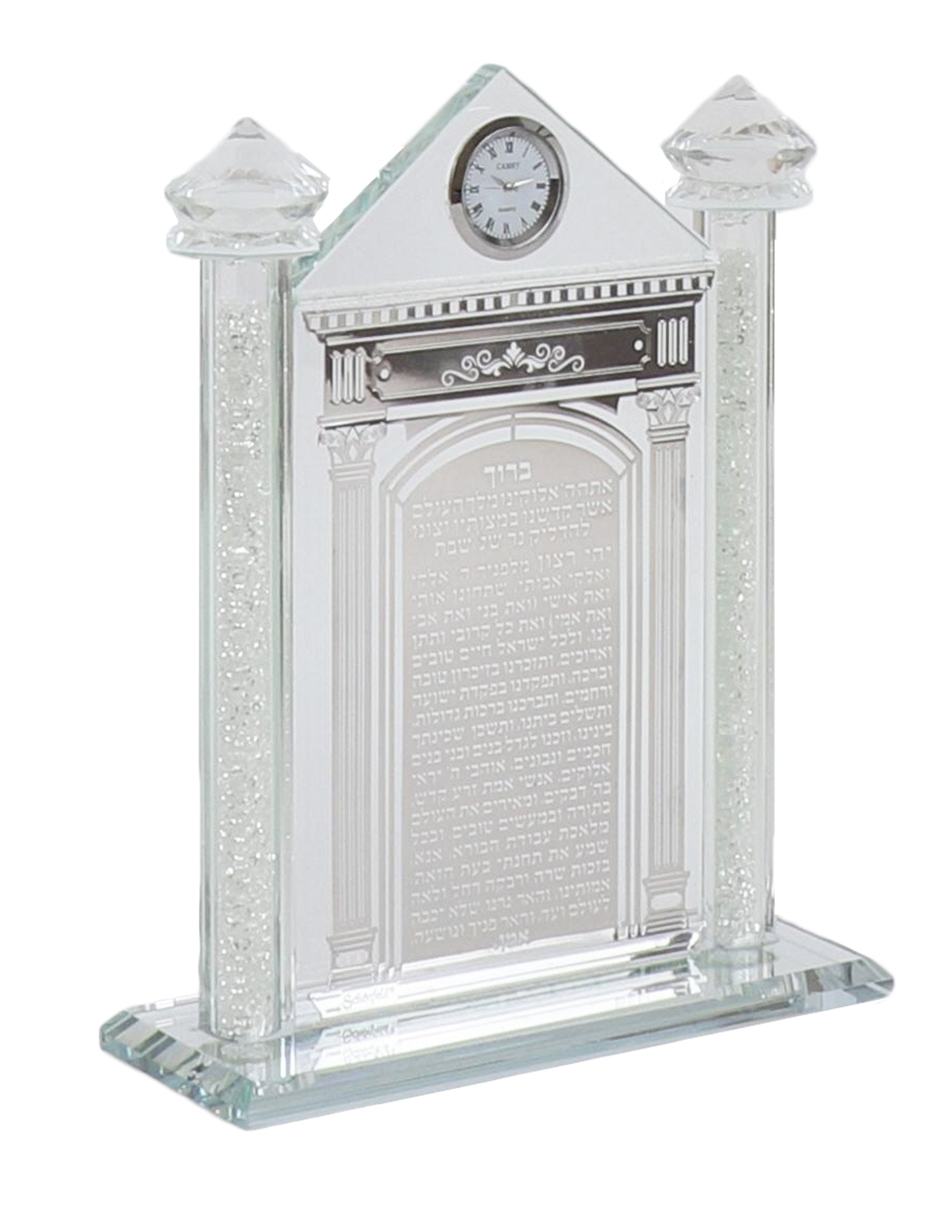 Crystal Blessing Hadlakat Nerot With Clock With Silver Gate Design
