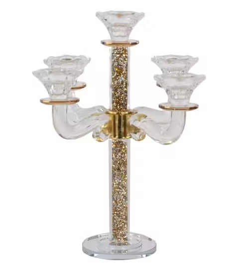 Crystal Candelabra 5 Branch Gold Stones 13.5"H