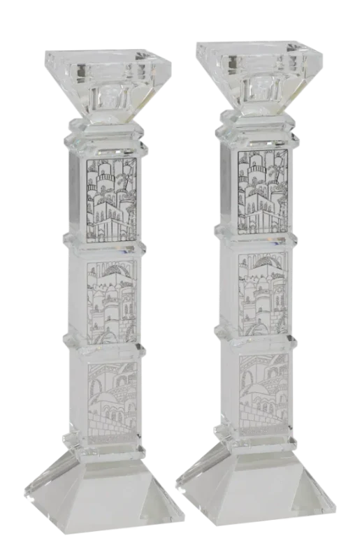 Set of Crystal Candlesticks with Silver Plates