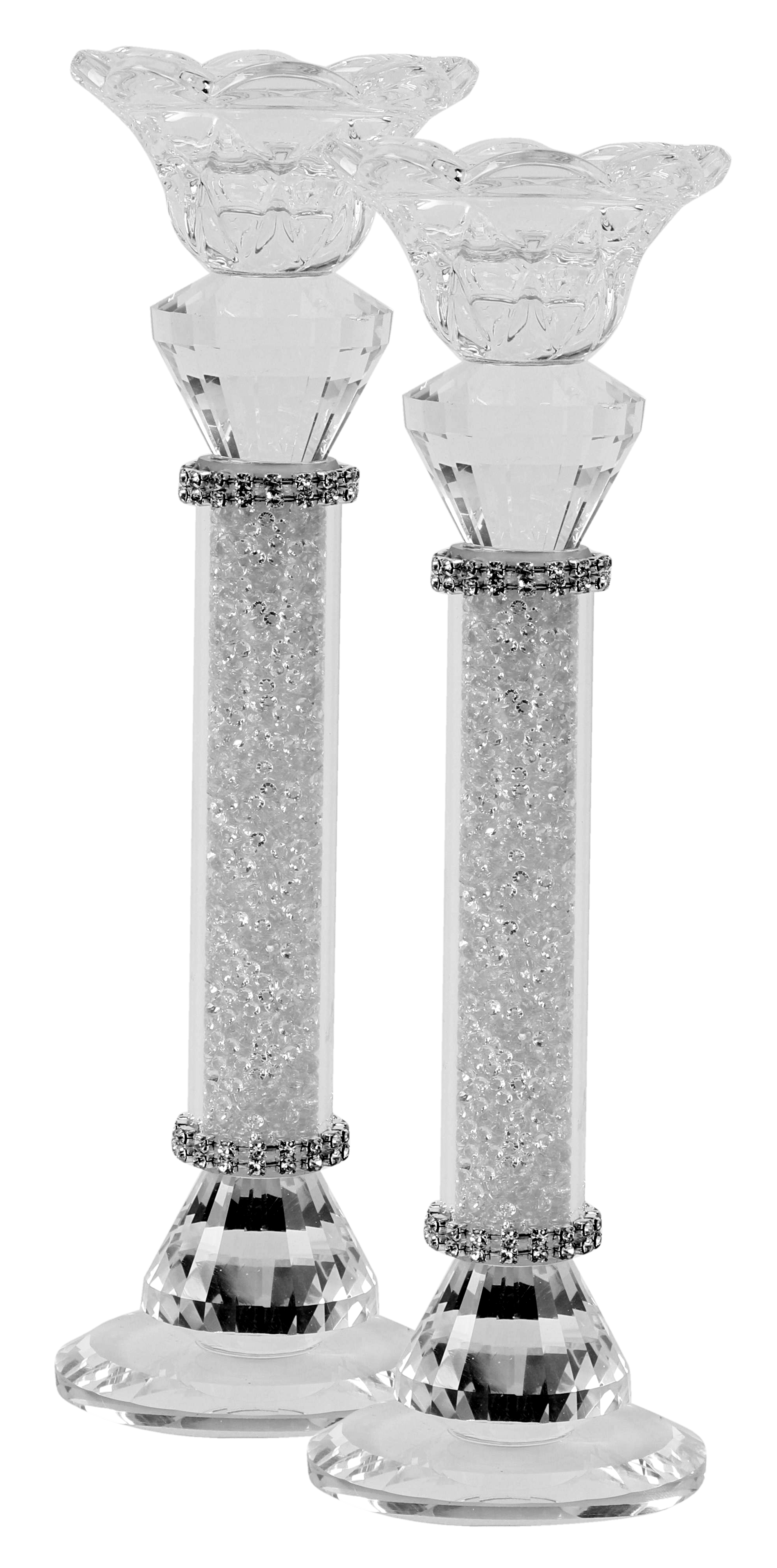 Crystal With Light Silver Stone Candlesticks 9"H