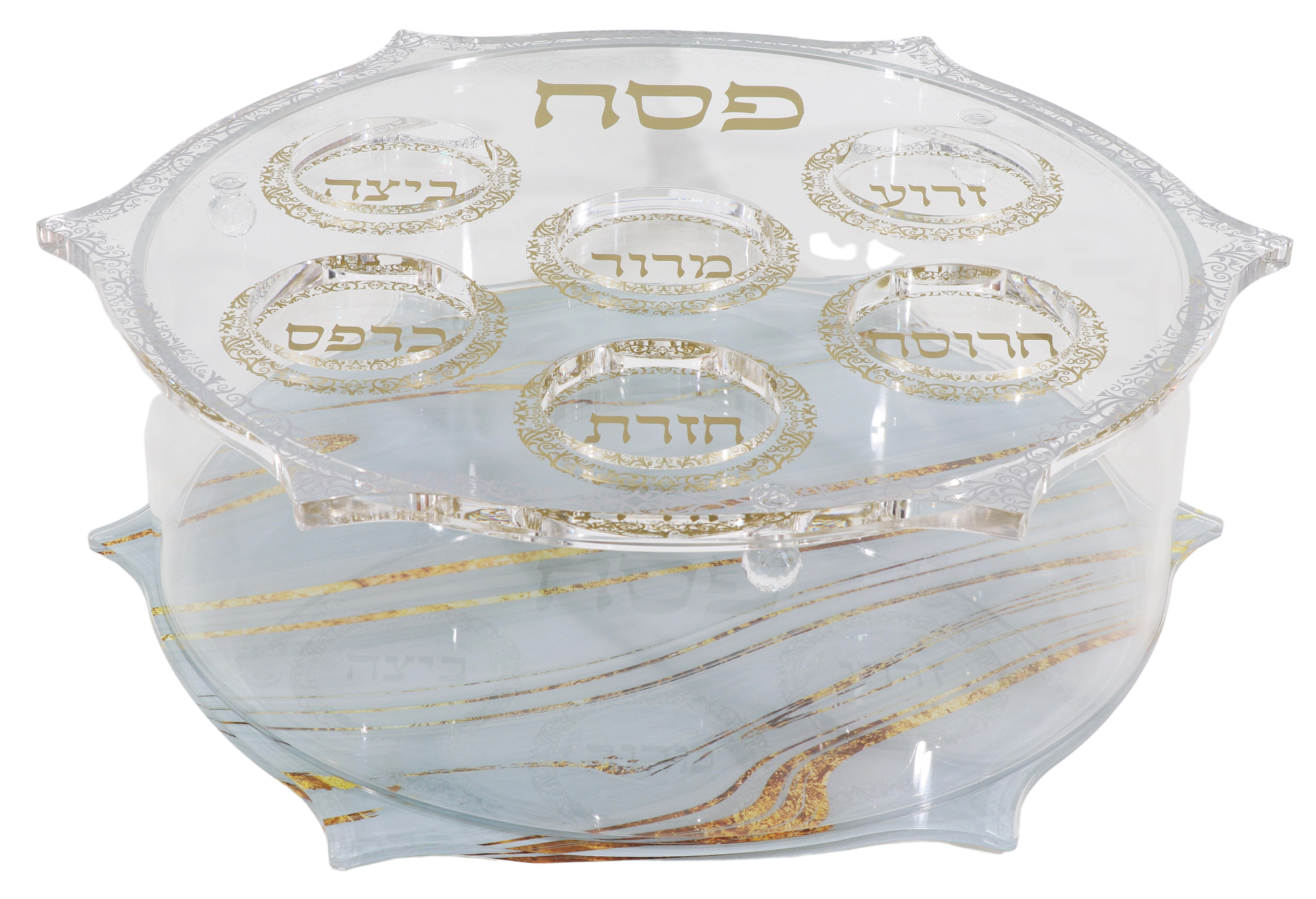 Acrylic Round Matza Box With Seder Plate Cover - Carved Grey & Gold Marble Design