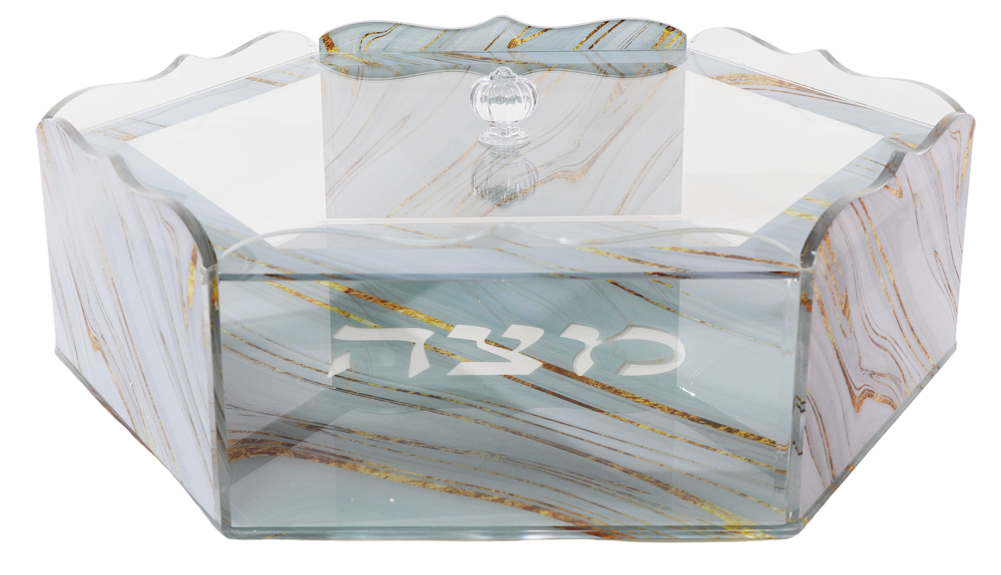 Hexagon Matza Box - Acrylic - Grey & Gold Marble Design 8x4x5"