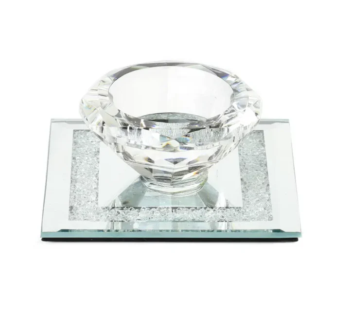 Crystal Candle Holder w Glass Base Square Base 3.5x3.5"