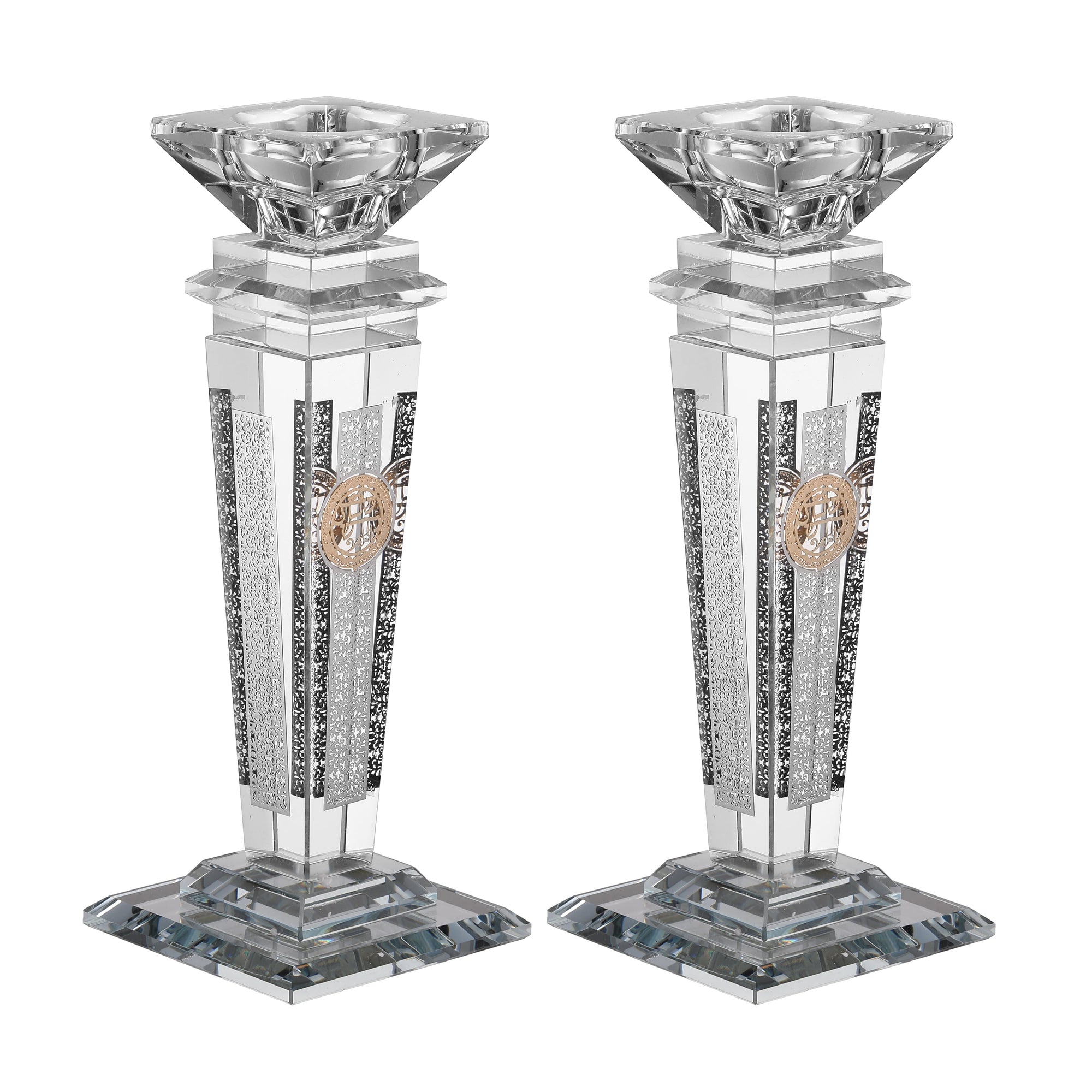 Set of Crystal Candlesticks with Silver Plate on 4 Sides 8.5"